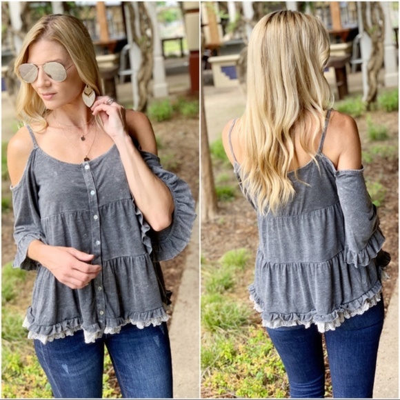 Infinity Raine Tops - Charcoal Vintage Wash Cold Shoulder Tunic Infinity Raine Tops - Charcoal Vintage Wash Cold Shoulder Tunic